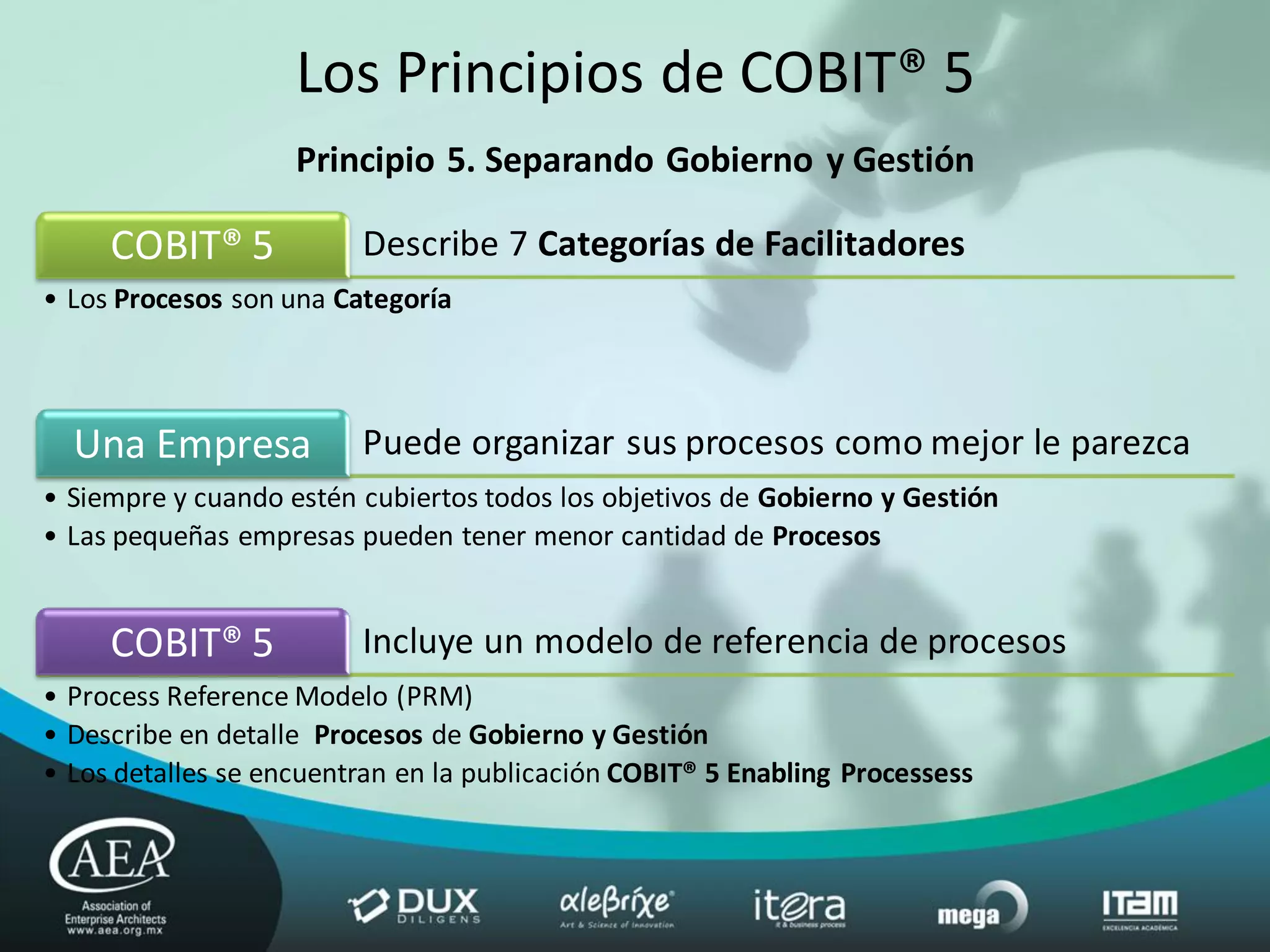 Los Principios de COBIT® 5
                    Principio 5. Separando Gobierno y Gestión

     COBIT® 5            Describe 7 Categorías de Facilitadores
• Los Procesos son una Categoría



  Una Empresa            Puede organizar sus procesos como mejor le parezca
• Siempre y cuando estén cubiertos todos los objetivos de Gobierno y Gestión
• Las pequeñas empresas pueden tener menor cantidad de Procesos


     COBIT® 5            Incluye un modelo de referencia de procesos
• Process Reference Modelo (PRM)
• Describe en detalle Procesos de Gobierno y Gestión
• Los detalles se encuentran en la publicación COBIT® 5 Enabling Processess
 