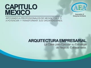 CAPITULO
MEXICO
APOYANDO A PROFESIONALES DE NEGOCIOS Y TI
A POTENCIAR Y TRANSFORMAR SUS ORGANIZACIONES.




                 ARQUITECTURA EMPRESARIAL
                              La Clave para Ejecutar su Estrategia
                                       de Negocio Exitosamente.
 
