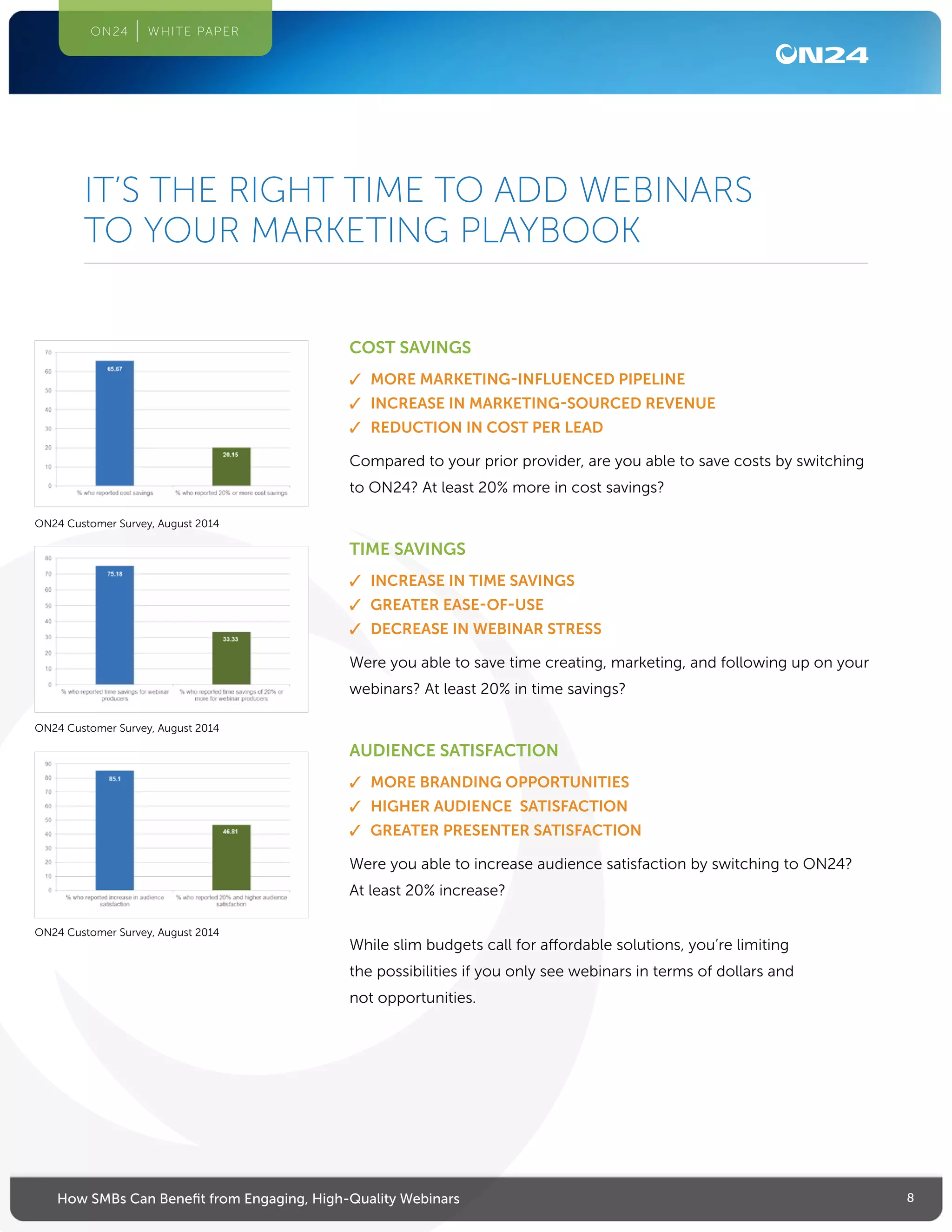 8How SMBs Can Benefit from Engaging, High-Quality Webinars
ON24 WHITE PAPER
IT’S THE RIGHT TIME TO ADD WEBINARS
TO YOUR MARKETING PLAYBOOK
COST SAVINGS
✓✓ MORE MARKETING-INFLUENCED PIPELINE
✓✓ INCREASE IN MARKETING-SOURCED REVENUE
✓✓ REDUCTION IN COST PER LEAD
Compared to your prior provider, are you able to save costs by switching
to ON24? At least 20% more in cost savings?
TIME SAVINGS
✓✓ INCREASE IN TIME SAVINGS
✓✓ GREATER EASE-OF-USE
✓✓ DECREASE IN WEBINAR STRESS
Were you able to save time creating, marketing, and following up on your
webinars? At least 20% in time savings?
AUDIENCE SATISFACTION
✓✓ MORE BRANDING OPPORTUNITIES
✓✓ HIGHER AUDIENCE SATISFACTION
✓✓ GREATER PRESENTER SATISFACTION
Were you able to increase audience satisfaction by switching to ON24?
At least 20% increase?
While slim budgets call for affordable solutions, you’re limiting
the possibilities if you only see webinars in terms of dollars and
not opportunities.
ON24 Customer Survey, August 2014
ON24 Customer Survey, August 2014
ON24 Customer Survey, August 2014
 
