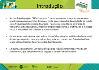 Introdução
• No domínio do projeto “ Nós Propomos “, vimos apresentar uma proposta para um
problema do nosso concelho, tendo em conta as necessidades da população da cidade
e das freguesias do Município de Anadia . Falamos da inexistência de meios de
transportes urbanos públicos, impede o empreendedorismo, a criatividade, a inovação
social, a mobilidade dos cidadãos e a acessibilidade.
• Os residentes mais novos e mais velhos (idosos)têm a imprescindibilidade de um meio
de transporto público para se movimentarem até aos pontos mais fulcrais da cidade,
sendo estes o Hospital, Supermercados, Farmácias etc..
• Em suma, ambicionamos um transporte público regular, denominado “Anadia em
Movimento”, que percorra todas as freguesias do concelho de Anadia.
 