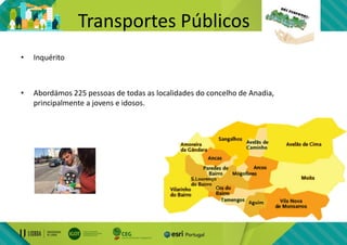 Transportes Públicos
• Inquérito
• Abordámos 225 pessoas de todas as localidades do concelho de Anadia,
principalmente a jovens e idosos.
 