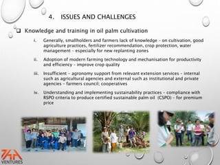 4. ISSUES AND CHALLENGES
 Knowledge and training in oil palm cultivation
i. Generally, smallholders and farmers lack of knowledge – on cultivation, good
agriculture practices, fertilizer recommendation, crop protection, water
management – especially for new replanting zones
ii. Adoption of modern farming technology and mechanisation for productivity
and efficiency – improve crop quality
iii. Insufficient - agronomy support from relevant extension services – internal
such as agricultural agencies and external such as institutional and private
agencies – farmers council; cooperatives
iv. Understanding and implementing sustainability practices – compliance with
RSPO criteria to produce certified sustainable palm oil (CSPO) – for premium
price
 