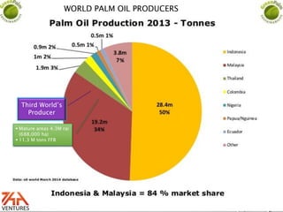 WORLD PALM OIL PRODUCERS
 Mature areas 4.3M rai
(688,000 ha)
 11.3 M tons FFB
Third World’s
Producer
 