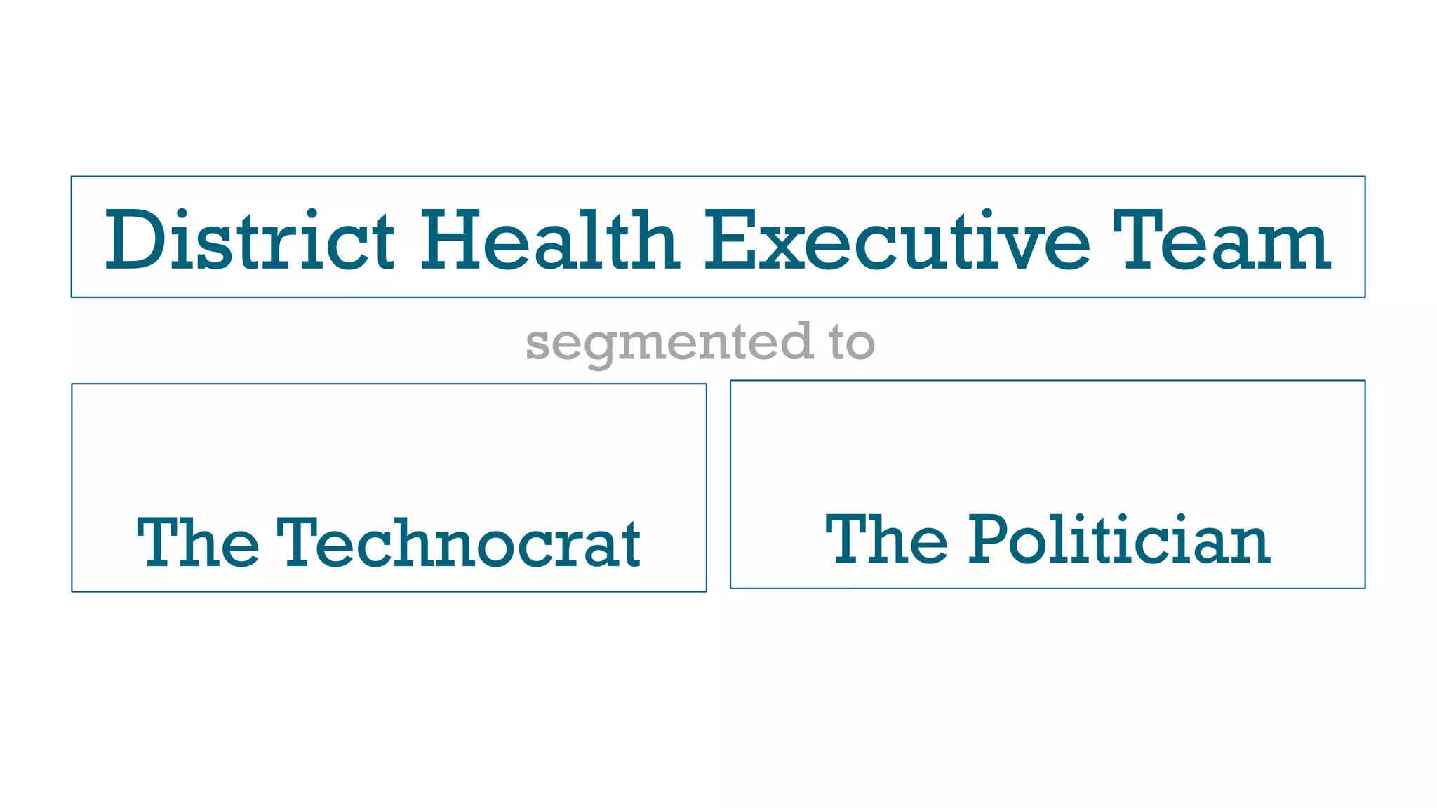 District Health Executive Team
The Technocrat The Politician
segmented to
 