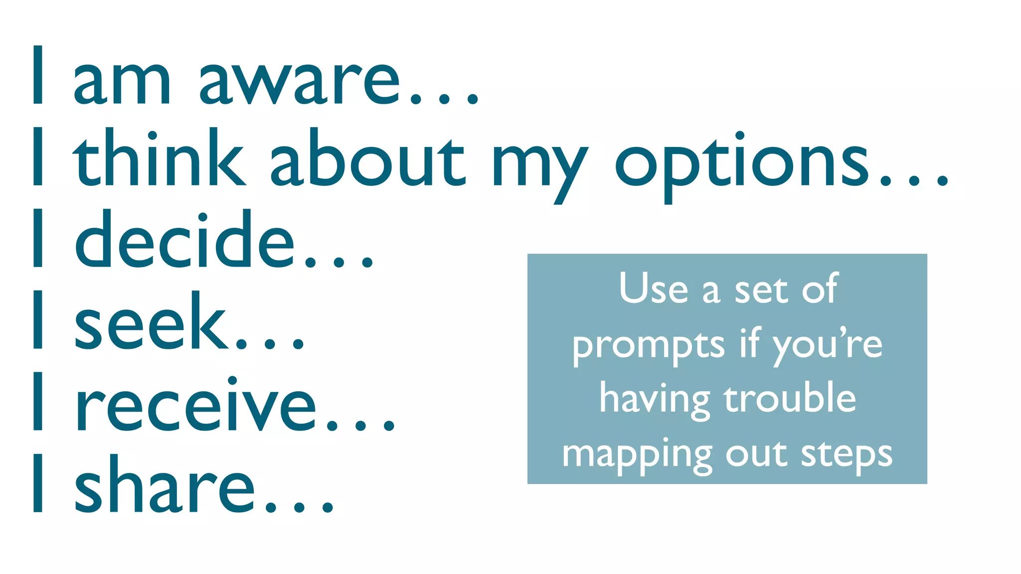 I am aware…
I think about my options…
I decide…
I seek…
I receive…
I share…
Use a set of
prompts if you’re
having trouble
mapping out steps
 