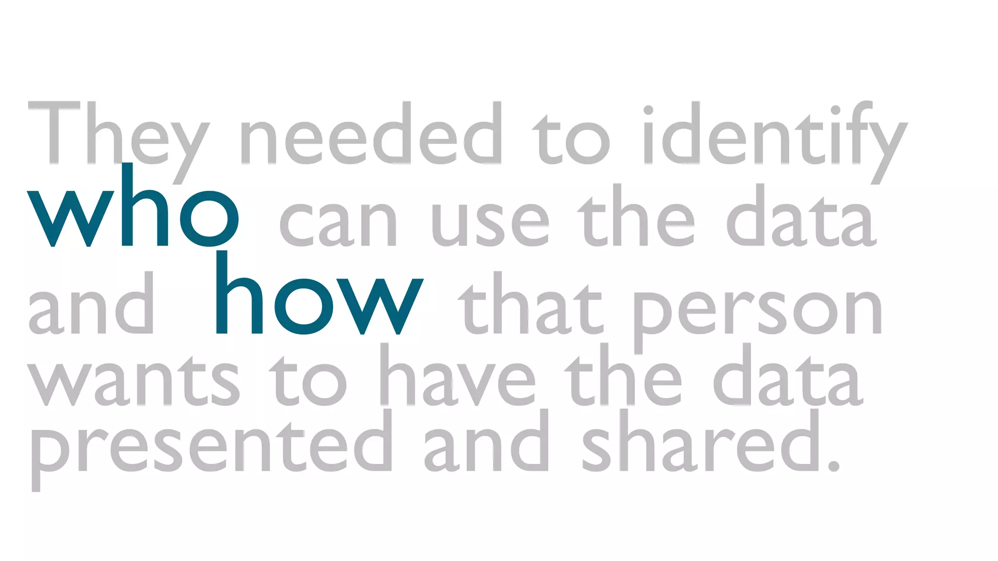 They needed to identify
who can use the data
and how that person
wants to have the data
presented and shared.
 