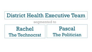 District Health Executive Team
Rachel
The Technocrat
Pascal
The Politician
segmented to
 