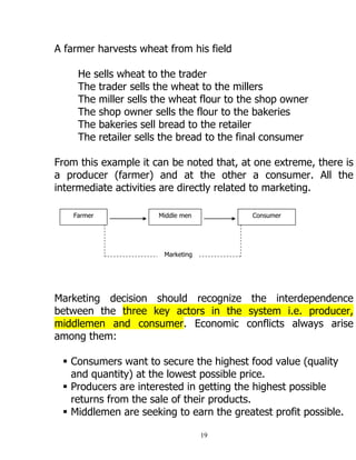 19
A farmer harvests wheat from his field
He sells wheat to the trader
The trader sells the wheat to the millers
The miller sells the wheat flour to the shop owner
The shop owner sells the flour to the bakeries
The bakeries sell bread to the retailer
The retailer sells the bread to the final consumer
From this example it can be noted that, at one extreme, there is
a producer (farmer) and at the other a consumer. All the
intermediate activities are directly related to marketing.
Marketing decision should recognize the interdependence
between the three key actors in the system i.e. producer,
middlemen and consumer. Economic conflicts always arise
among them:
 Consumers want to secure the highest food value (quality
and quantity) at the lowest possible price.
 Producers are interested in getting the highest possible
returns from the sale of their products.
 Middlemen are seeking to earn the greatest profit possible.
Farmer Middle men Consumer
Marketing
 