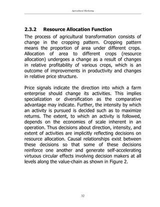 Agricultural Marketing
32
2.3.2 Resource Allocation Function
The process of agricultural transformation consists of
change in the cropping pattern. Cropping pattern
means the proportion of area under different crops.
Allocation of area to different crops (resource
allocation) undergoes a change as a result of changes
in relative profitability of various crops, which is an
outcome of improvements in productivity and changes
in relative price structure.
Price signals indicate the direction into which a farm
enterprise should change its activities. This implies
specialization or diversification as the comparative
advantage may indicate. Further, the intensity by which
an activity is pursued is decided such as to maximize
returns. The extent, to which an activity is followed,
depends on the economies of scale inherent in an
operation. Thus decisions about direction, intensity, and
extent of activities are implicitly reflecting decisions on
resource allocation. Causal relationships exist between
these decisions so that some of these decisions
reinforce one another and generate self-accelerating
virtuous circular effects involving decision makers at all
levels along the value-chain as shown in Figure 2.
 
