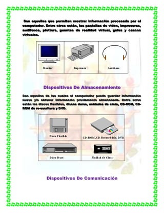 SSSooonnn aaaqqquuueeellllllooosss qqquuueee pppeeerrrmmmiiittteeennn mmmooossstttrrraaarrr iiinnnfffooorrrmmmaaaccciiióóónnn ppprrroooccceeesssaaadddaaa pppooorrr eeelll
cccooommmpppuuutttaaadddooorrr... EEEnnntttrrreee oootttrrrooosss eeessstttááánnn,,, lllaaasss pppaaannntttaaallllllaaasss dddeee vvviiidddeeeooo,,, iiimmmppprrreeesssooorrraaasss,,,
aaauuudddííífffooonnnooosss,,, pppllloootttttteeerrrsss,,, ggguuuaaannnttteeesss dddeee rrreeeaaallliiidddaaaddd vvviiirrrtttuuuaaalll,,, gggaaafffaaasss yyy cccaaassscccooosss
vvviiirrrtttuuuaaallleeesss...
DDiissppoossiittiivvooss DDee AAllmmaacceennaammiieennttoo
SSSooonnn aaaqqquuueeellllllooosss dddeee lllooosss cccuuuaaallleeesss eeelll cccooommmpppuuutttaaadddooorrr pppuuueeedddeee ggguuuaaarrrdddaaarrr iiinnnfffooorrrmmmaaaccciiióóónnn
nnnuuueeevvvaaa yyy///ooo ooobbbttteeennneeerrr iiinnnfffooorrrmmmaaaccciiióóónnn ppprrreeevvviiiaaammmeeennnttteee aaalllmmmaaaccceeennnaaadddaaa... EEEnnntttrrreee oootttrrrooosss
eeessstttááánnn lllooosss dddiiissscccooosss fffllleeexxxiiibbbllleeesss,,, dddiiissscccooosss ddduuurrrooosss,,, uuunnniiidddaaadddeeesss dddeee ccciiinnntttaaa,,, CCCDDD---RRROOOMMM,,, CCCDDD---
RRROOOMMM dddeee rrreee---eeessscccrrriiitttuuurrraaa yyy DDDVVVDDD...
DDiissppoossiittiivvooss DDee CCoommuunniiccaacciióónn
 