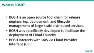 What Is BOSH?
• BOSH is an open source tool chain for release
engineering, deployment, and lifecycle
management of large-scale distributed services.
• BOSH was specifically developed to facilitate the
deployment of Cloud Foundry
• BOSH Interacts with IaaS via Cloud Provider
Interface (CPI)
 