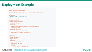 Deployment Example
Full Example - https://bosh.io/docs/sample-manifest.html
 