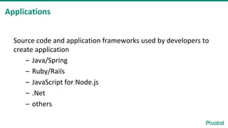 Applications
Source code and application frameworks used by developers to
create application
– Java/Spring
– Ruby/Rails
– JavaScript for Node.js
– .Net
– others
 