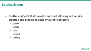 Service Broker
• Restful endpoint that provides contract allowing self service
creation and binding to apps by authorized users
– create
– delete
– bind
– unbind
– catalog
 
