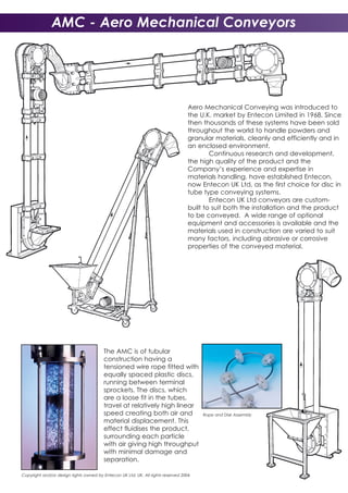 AMC - Aero Mechanical Conveyors
Aero Mechanical Conveying was introduced to
the U.K. market by Entecon Limited in 1968. Since
then thousands of these systems have been sold
throughout the world to handle powders and
granular materials, cleanly and efficiently and in
an enclosed environment.
Continuous research and development,
the high quality of the product and the
Company’s experience and expertise in
materials handling, have established Entecon,
now Entecon UK Ltd, as the first choice for disc in
tube type conveying systems.
Entecon UK Ltd conveyors are custom-
built to suit both the installation and the product
to be conveyed. A wide range of optional
equipment and accessories is available and the
materials used in construction are varied to suit
many factors, including abrasive or corrosive
properties of the conveyed material.
The AMC is of tubular
construction having a
tensioned wire rope fitted with
equally spaced plastic discs,
running between terminal
sprockets. The discs, which
are a loose fit in the tubes,
travel at relatively high linear
speed creating both air and
material displacement. This
effect fluidises the product,
surrounding each particle
with air giving high throughput
with minimal damage and
separation.
Copyright and/or design rights owned by Entecon UK Ltd, UK. All rights reserved 2004
Rope and Disk Assembly
 