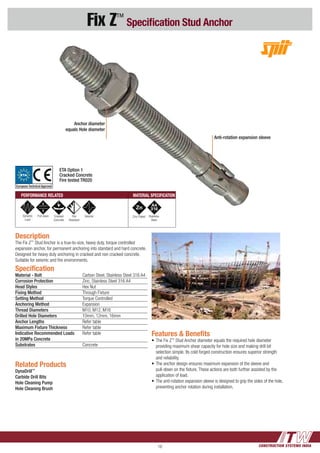 CONSTRUCTION SYSTEMS INDIA16
Fix Z™
Specification Stud Anchor
Features & Benefits
•	The Fix Z™
Stud Anchor diameter equals the required hole diameter 	
	 providing maximum shear capacity for hole size and making drill bit 	
	 selection simple. Its cold forged construction ensures superior strength 	
	 and reliability.
•	The anchor design ensures maximum expansion of the sleeve and 	
	 pull-down on the fixture. These actions are both further assisted by the 	
	 application of load.
•	The anti-rotation expansion sleeve is designed to grip the sides of the hole, 	
	 preventing anchor rotation during installation.
Anchor diameter
equals Hole diameter
Anti-rotation expansion sleeve
Description
The Fix Z™
Stud Anchor is a true-to-size, heavy duty, torque controlled
expansion anchor, for permanent anchoring into standard and hard concrete.
Designed for heavy duty anchoring in cracked and non cracked concrete.
Suitable for seismic and fire environments.
Related Products
DynaDrill™
Carbide Drill Bits
Hole Cleaning Pump
Hole Cleaning Brush
Specification
Material - Bolt 	 Carbon Steel, Stainless Steel 316 A4
Corrosion Protection	 Zinc, Stainless Steel 316 A4
Head Styles	 Hex Nut
Fixing Method	 Through Fixture
Setting Method	 Torque Controlled
Anchoring Method	Expansion
Thread Diameters	 M10, M12, M16
Drilled Hole Diameters	 10mm, 12mm, 16mm
Anchor Lengths	 Refer table
Maximum Fixture Thickness 	 Refer table
Indicative Recommended Loads	 Refer table 	
in 20MPa Concrete	
Substrates 	Concrete
PERFORMANCE RELATED MATERIAL SPECIFICATION
Dynamic
Load
Pull down Cracked
Concrete
Fire
Resistant
Seismic Stainless
Steel
ETA Option 1
Cracked Concrete
Fire tested TR020
Zinc Plated
ETA
European Technical Approval
 
