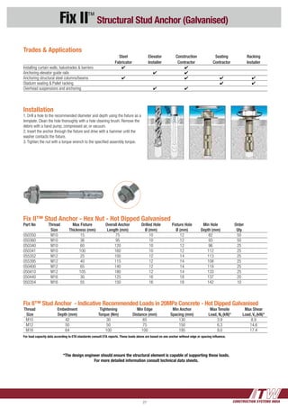CONSTRUCTION SYSTEMS INDIA21
Fix II™
Structural Stud Anchor (Galvanised)
Installation
1. Drill a hole to the recommended diameter and depth using the fixture as a
template. Clean the hole thoroughly with a hole cleaning brush. Remove the
debris with a hand pump, compressed air, or vacuum.
2. Insert the anchor through the fixture and drive with a hammer until the
washer contacts the fixture.
3. Tighten the nut with a torque wrench to the specified assembly torque.
Fix II™ Stud Anchor - Hex Nut - Hot Dipped Galvanised
Part No	 Thread 	 Max Fixture 	 Overall Anchor 	 Drilled Hole	 Fixture Hole	 Min Hole 	 Order
		 Size 	 Thickness (mm) 	 Length (mm) 	 Ø (mm) 	 Ø (mm) 	 Depth (mm) 	 Qty
050350 	M10	15	 75	 10	 12	82	50
050360	M10	36	 95	 10	 12	93	50
050340 	M10	60	 120	 10	 12	96	25
050341	M10	100	 160	 10	 12	112	25
055352	M12	25	 100	 12	 14	113	25
055395	M12	40	 115	 12	 14	108	25
050400	M12	65	 140	 12	 14	118	25
050410	M12	105	 180	 12	 14	133	25
050440	M16	30	 125	 16	 18	137	20
050354	M16	55	 150	 16	 18	142	10
Trades & Applications
		 Steel	 Elevator	Construction	 Seating	 Racking
		 Fabricator	 Installer	 Contractor	 Contractor	 Installer
Installing curtain walls, balustrades & barriers	 4	 	 4
Anchoring elevator guide rails		 4	 4
Anchoring structural steel columns/beams	 4		4	 4	 4
Staduim seating & Pallet racking				 4	 4
Overhead suspensions and anchoring		 4	 4		
Fix II™ Stud Anchor - Indicative Recommended Loads in 20MPa Concrete - Hot Dipped Galvanised
	Thread 	 Embedment 	 Tightening 	 Min Edge 	 Min Anchor 	 Max Tensile 	 Max Shear
	Size	 Depth (mm) 	 Torque (Nm) 	 Distance (mm) 	 Spacing (mm) 	 Load, Na (kN)*	 Load, Va (kN)*
	 M10 	 42 	 30	 65 	 130	 3.9	 8.9
	 M12 	 50	 50 	 75 	 150	 6.3	 14.6
	 M16 	 64	 100 	 100	 195 	 9.0	 17.4
*The design engineer should ensure the structural element is capable of supporting these loads.
For more detailed information consult technical data sheets.
For load capacity data according to ETA standards consult ETA reports. These loads above are based on one anchor without edge or spacing influence.
 