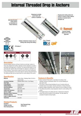 CONSTRUCTION SYSTEMS INDIA22
Internal Threaded Drop in Anchors
Shallow embedment reduces risk of
striking rebar during hole drilling
Displacement setting allows the
anchor to remain in place without
insertion of machine bolt or
threaded rod
Dynaset Flanged
Without ETA or FM
approvals
Retaining Lip installs
anchor flush with
surface of substrate
Grip L Flanged
Specification
Material	 Carbon Steel, ( Stainless Steel 316 A4 to 	
	 special order)
Corrosion Protection	 Stainless Steel 316 A4, Zinc Plating
Head Style	 -
Fixing Method	 Fixture Aligned
Setting Method	 Displacement
Anchoring Method	 Expansion
Thread Sizes	 M10, M12, M16
Drilled Hole Diameters	 Refer table
Anchor Lengths	 Refer table
Maximum Fixture Thickness’	-
Indicative Working	 Refer table
Loads in 32MPa Concrete*	
Substrates	 Concrete
Description
Internal threaded hammer set Drop-In Anchors are all steel, medium to
heavy duty, displacement setting, expansion anchors designed to provide a
permanent anchorage point in concrete. The internal thread allows it to be
used with both machine bolts and threaded rod, placing no restrictions on
fixture thickness. These anchors require the use of the correct setting tool
to ensure full expansion of the anchor body for maximum load performance.
The setting tool also acts as visual check for correct setting of the anchor.
Related Products
DynaDrill™
Carbide Drill Bits
Hole Cleaning Brush
Hole Cleaning Pump
Setting Tool
Features & Benefits
•	Drop in anchors fit flush with, or just below, the surface of the 		
	 substrate, leaving no protrusions when not in use and allowing for
	 easy patch work.
•	The anchor’s internal thread facilitates the use of machine bolts and 	
	 threaded studs of any length, removing restrictions on fixture thickness.
•	Requires shallow embedment, which reduces the risk 	of drilling into rebar.
•	The setting tool provides a visual expansion check for correct setting of the 	
	anchor.
•	The flanged version (zinc plated only) has a retaining lip to keep the 	
	 anchor flush with the surface of the substrate. This also allows for
	 consistent threaded rod drop lengths.
Internally threaded
anchor places
no restrictions on
fixture thickness
PERFORMANCE RELATED MATERIAL SPECIFICATION
Dynamic
Load
Pull down Fire
Resistant
Stainless
Steel
ETA Option 7
M10 x 40
M12 x 50
ETA
European Technical Approval
ETA
European Technical Approval
Zinc Plated
 
