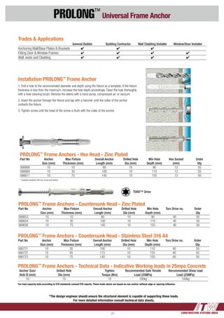CONSTRUCTION SYSTEMS INDIA27
PROLONG™
Universal Frame Anchor
PROLONG™
Frame Anchors - Hex Head - Zinc Plated
Part No	 Anchor	 Max Fixture	 Overall Anchor	 Drilled Hole	 Min Hole	 Hex Socket	 Order
		 Size (mm)	 Thickness (mm)	 Length (mm)	 Dia (mm)	 Depth (mm)	 (mm)	 Qty
566668	10	 10	 80	 10	 90	 13	 50
566669	10	 30	 100	 10	 110	 13	 50
566671	10	 75	 145	 10	 155	 13	 50
* Supplied complete with hex screw	and washer
PROLONG™
Frame Anchors - Countersunk Head - Zinc Plated
Part No	 Anchor	 Max Fixture	 Overall Anchor	 Drilled Hole	 Min Hole	 Torx Drive no.	 Order
		 Size (mm)	 Thickness (mm)	 Length (mm)	 Dia (mm)	 Depth (mm)		 Qty
566653	10	 10	 80	 10	 90	 40	 50
566654	10	 30	 100	 10	 110	 40	 50
566656	10	 75	 145	 10	 155	 40	 50
PROLONG™
Frame Anchors - Countersunk Head - Stainless Steel 316 A4
Part No	 Anchor	 Max Fixture	 Overall Anchor	 Drilled Hole	 Min Hole	 Torx Drive no.	 Order
		 Size (mm)	 Thickness (mm)	 Length (mm)	 Dia (mm)	 Depth (mm)		 Qty
566721	10	 30	 100	 10	 110	 40	 50
566722	10	 45	 115	 10	 125	 40	 50
566723	10	 75	 145	 10	 155	 40	 50
Installation PROLONG™
Frame Anchor
1. Drill a hole to the recommended diameter and depth using the fixture as 	a template. If the fixture
thickness is less than the maximum, increase the hole depth accordingly. Clean the hole thoroughly
with a hole cleaning 	brush. Remove the debris with a hand pump, compressed air, or vacuum.
2. Insert the anchor through the fixture and tap with a hammer until the collar of the anchor
contacts the fixture.
3. Tighten screw until the head of the screw is flush with the collar of the 	anchor.
Trades & Applications
			 General Builder	 Building Contractor 	 Wall Cladding Installer	 Window/Door Installer
Anchoring Wall/Base Plates & Brackets	 4	 4	 4	
Fitting Door & Window Frames	 4	 4	 4	 4
Wall Joists and Cladding	 4	 4	 4	 4
*The design engineer should ensure the structural element is capable of supporting these loads.
For more detailed information consult technical data sheets.
PROLONG™
Frame Anchors - Technical Data - Indicative Working loads in 25mpa Concrete
	Anchor Size/	 Drilled Hole 	 Tighten 	 Recommended Safe Tensile	 Recommended Shear load
	 Hole Ø (mm)	 Dia (mm) 	 Torque (Nm) 	 Load (25MPa)	 Load (25MPa)
	 10 	 10 	 10 	 100kg	 100kg
For load capacity data according to ETA standards consult ETA reports. These loads above are based on one anchor without edge or spacing influence.
TORX™ Drive
 