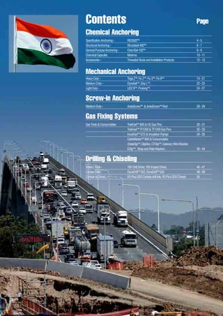 CONSTRUCTION SYSTEMS INDIA3
Contents		 Page
Chemical Anchoring		
SpecificationAnchoring-	 REO502™	 4-5
StructuralAnchoring-	 Structaset402™	 6-7
GeneralPurposeAnchoring-	 ChemSet102™	 8-9
ChemicalCapsules	 Maxima	 10-11
Accessories- 	 ThreadedStudsandInstallationProducts	 12-13
Mechanical Anchoring	
HeavyDuty- 	 TrigaZ™,FixZ™,Fix3™,FixII™	 14-21
MediumDuty-	 DynaSet™,GripL™, 	 22-23
LightDuty-	 UDZ6™,Prolong™,	 24-27
Screw-in Anchoring
MediumDuty-	 AnkaScrew™ &AnkaScrew™Rod	 28-29
Gas Fixing Systems
GasTools&Consumables	 TrakFast™800&HCGasPins	 30-31
	 TrakFast™TF1200&TF1200GasPins	 32-33
	 InsulFast™GT3&InsulationFixings	 34-35
	 CableMaster™800&Consumables	
	 (DataClip™,ClipElec,CTClip™,CatenaryWireBracket,
	 EClip™, StrapandPlateWasher)	 36-44
Drilling & Chiseling
BatteryTools-	 18VDrillDriver,18VImpactDriver,	 46-47
CordedDrills-	 DynaDrill™522,DynaDrill™533	 48-49
Carbide&Chisels-	 R3PlusSDSCarbidedrillbits,R3PlusSDSChisels 	 50
 