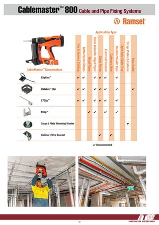 CONSTRUCTION SYSTEMS INDIA38
Cablemaster™
800 Cable and Pipe Fixing Systems
CableMaster™
Consumables		
		ClipElec™
		4	 4	 	 4 	 4	 4	 	 4
		DataLec™
Clip		4	 4	 	 4	 4	 4	 	 4	 	 	 4
		CTClip™
		4	 4	 	 4 	 4	 4	 	 4
		EClip™
				4	 4	 	 4	 	 4
		 Strap & Plate Mounting Washer									 	 4
		 Catenary Wire Bracket	 					4	 	 4
	 	
Application Type
4 Recommended
DataCable
Strap,Plates&Fixtures
LightDutyCableTray
Flexible/PlasticPipe
	CatenaryWire
ElectricalConduit
	CableFixing
SmallDiameterRigidPipes
	MetalPipes
	Metal/NylonStraps
	Fire&ServiceCabling
 