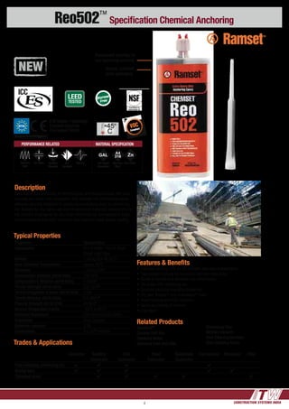 CONSTRUCTION SYSTEMS INDIA4
Reo502™
Specification Chemical Anchoring
Features & Benefits
•	Extended working time for hot climates and deep embedments.
•	Sag resistant formula for horizontal and over head holes
•	Bonds to carbide and diamond core drilled holes
•	For Grade 500 reinforcing bar
•	Excellent electrical insulation properties
•	Dry, wet, flooded** and underwater** holes
•	Green building and VOC compliant
•	Same day loading of anchors
•	Low odour
Description
Extra heavy duty anchoring of reinforcing bar and threaded studs into solid
concrete and stone.Two-component, high strength non shrink bond epoxy
adhesive specially designed for structural connections, such as reinforcing
bar. Suitable for dry, damp, wet and flooded holes. Extended working time for
hot climates. Engineered for structural reinforcing bar connections in slabs,
columns, beams and walls, structural steel columns, raker angles, seating.
Trades & Applications
Concreter Building
Contractor
Civil
Contractor
Steel
Fabricator
Balustrade
Contractor
Formworker Bricklayer Fitter
Post-installing reinforcing bar 4 4 4 4
Starter bars 4 4 4 4 4
Threaded studs 4 4 4 4 4
Related Products
DynaDrill™
Carbide Drill Bits
Diamond Motor
Diamond Core Drill Bits
VOC
Compliant
Dispensing Tool
Wet/Dry Vacuum
Hole Cleaning Brushes
Hole Cleaning Pump
Robust, puncture
proof packaging
Translucent cartridge to
see remaining contents
Typical Properties
Properties Typical Value
Appearance Part A: White Part B: Black
Mixed: Light Grey
Density 1.28 kg /litre @ 20°C
Heat Distortion Temperature Approx 80°C
Hardness > Shore D 80
Compressive Strength (ASTM D695) 105 MPa
Compressive E Modules (ASTM D695) 5 GN/m2
Tensile Strength (ASTM D638) 23.5 N/m2
Tensile Elongation at break (ASTM D638) 5.9%
Tensile Modulus (ASTM D638) 5.5 GN/m2
Flexural Strength (ASTM D790) 45 N/m2
Service Temperature Limits -40°C to 80°C
Chemical Resistance See Technical Data Sheet
Substrates Solid Concrete
Dielectric constant 3.95
Conductivity 8 x 10-11
ohmS/m
PERFORMANCE RELATED MATERIAL SPECIFICATION
Dynamic
Load
Pull down Cracked
Concrete
Fire
Resistant
Seismic Hot dipped
Galvanised
Stainless
Steel
ETA Option 1 (pending)
Cracked Concrete
Fire tested TR020
ETA
European Technical Approval
Styrene
Free
LEED
TESTED
PERFORMANCE RELATED MATERIAL SPECIFICATION
Dynamic
Loading
Resitant
Pull down
feature
Close to
edge
Cracked
Concrete
ZINC Galvanised Stainless
Steel 316
Styrene
Free
LEED
TESTED
PERFORMANCE RELATED MATERIAL SPECIFICATION
Dynamic
Loading
Resitant
Pull down
feature
Close to
edge
Cracked
Concrete
ZINC Galvanised Stainless
Steel 316
Styrene
Free
LEED
TESTED
PERFORMANCE RELATED MATERIAL SPECIFICATION
Dynamic
Loading
Resitant
Pull down
feature
Close to
edge
Cracked
Concrete
ZINC Galvanised Stainless
Steel 316
Styrene
Free
LEED
TESTED
PERFORMANCE RELATED MATERIAL SPECIFICATION
Dynamic
Loading
Resitant
Pull down
feature
Close to
edge
Cracked
Concrete
ZINC Galvanised Stainless
Steel 316
Styrene
Free
LEED
TESTED
PERFORMANCE RELATED MATERIAL SPECIFICATION
Dynamic
Loading
Resitant
Pull down
feature
Close to
edge
Cracked
Concrete
ZINC Galvanised Stainless
Steel 316
Zinc Plated
 