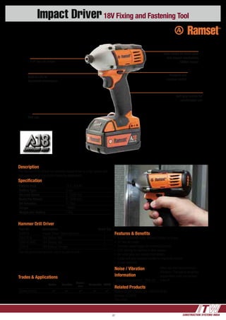 CONSTRUCTION SYSTEMS INDIA47
Impact Driver18V Fixing and Fastening Tool
Hammer Drill Driver
Part No Description Order Qty
CIDR18 Impact Driver* (bare tool only) 1
CBATR18 18V Battery 3ah 1
CBATR18HD 18V Battery 4ah 1
CCR18 18V Battery Charger 1
*Can be purchased as bare unit or as part of a kit.
Description
The Ramset R18 Lithium Ion cordless impact driver is a high speed and
high torque tool for fixing and fastening applications.
Speciﬁcation
Battery Pack 18 V / 4.0 Ah
Battery Type Li-Ion
No Load Speed 0 - 2200 rpm
Beats Per Minute 0 - 3200 ipm
Bit Retention ¼” Hex
Torque 158Nm
Weight incl. Battery 1.8kg
Features & Benefits
•	 4 pole frameless motor delivers 158Nm of torque
•	¼” Hex bit holder
•	 Variable speed trigger for enhanced control
•	 LED lighting for working in dark spaces
•	 All metal gear and impact mechanism
•	 Large soft grip moulded handle for improved comfort
•	 2 year warranty
Related Products
Battery (4.0Ah Lithium Ion - CBATR18HD)
Charger (CCR18)
Driver Bits
1/4” hex bit holder
Soft grip handle for
comfortable use
High speed all metal gear
and impact mechanism
160Nm torque
Trades & Applications
Builder Plumber
Electri-
cian
Carpenter HVAC
Screw Driving 4 4 4 4 4
Forward and
reverse switch
Built in LED to
illuminate workspace
Noise / Vibration
Information
Sound pressure level: 78dB (A)
Wear ear and eye protection.
Vibration: The typical weighted
acceleration does not exceed
2.8m/s2
.
Belt clip
 