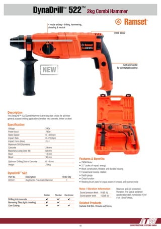 CONSTRUCTION SYSTEMS INDIA48
DynaDrill™
522™
2kg Combi Hammer
Features & Benefits
•	790W Motor
•	2.7 Joules of impact energy
•	Block construction. Reliable and durable housing
•	Forward and reverse rotation
•	Depth gauge
•	Chisel function
•	Rotating brush plate for equal power in forward and reverse mode
DynaDrill™
522
Part No. Description Order Qty
DD522 2kg Electro Pneumatic Hammer 1
Description
The DynaDrill™ 522 Combi Hammer is the ideal tool choice for all those
general purpose drilling applications whether into concrete, timber or steel.
Speciﬁcation
Voltage 240V
Power Input 790w
Rated Speed 0-1300rpm
Impact Rate 0-4700bpm
Impact Force (Max) 2.7J
Maximum Drill Diameters
Concrete 24 mm
Masonary (using Core Bit) 68 mm
Steel 13 mm
Wood 30 mm
Optimum Drilling Size in Concrete 6-14 mm
Weight 2.8Kg
Noise / Vibration Information
Sound pressure level: 91dB (A)
Sound power level: 102dB (A)
Wear ear and eye protection.
Vibration: The typical weighted
acceleration does not exceed 17m/
s2
or 13m/s2
chisel.
790W Motor
Soft grip handle
for comfortable control
4 mode setting - drilling, hammering,
chiseling & neutral
Builder Plumber Electirician
Drilling into concrete 4 4 4
Removing Tiles (light chiseling) 4 4
Core Cutting 4 4 4
Related Products
Carbide Drill Bits, Chisels and Cores
 