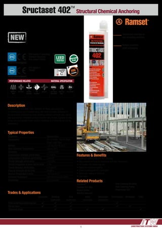 CONSTRUCTION SYSTEMS INDIA6
Sructaset 402™
Structural Chemical Anchoring
Features & Benefits
•	Extended working time for hot climates
•	Sag resistant formula for horizontal and over head holes
•	For Grade 500 reinforcing bar
•	Rated for sustained loading
•	Green building and VOC compliant
•	Same day loading of anchors
•	Low odour
Description
Structaset 402 is a Vinyl Ester adhesive for heavy duty anchoring
of reinforcing bar and threaded studs into solid concrete. Designed for
structural steel connections, road stitching, seating and hand rails, starter
bars and barriers. Extended working time for hot climates. Suitable for dry,
damp, wet and flooded holes. Vertical, overhead and horizontal anchoring
applications.
Trades & Applications
Concreter Building
Contractor
Civil
Contractor
Steel
Fabricator
Balustrade
Contractor
Formworker Bricklayer Fitter
Post-installing reinforcing bar 4 4 4 4
Starter bars 4 4 4 4 4
Threaded studs 4 4 4 4 4
Related Products
DynaDrill™
Carbide Drill Bits
Impact Driver
Wet/Dry Vacuum
VOC
Compliant
Hole Cleaning Brushes
Hole Cleaning Pump
Dispensing Tool
Robust, puncture
proof packaging
Translucent cartridge to
see remaining contents
Typical Properties
Properties Typical Value
Appearance Part A: White Part B: Black
Mixed: Light Grey
Density 1.67 kg /litre @ 20°C
Heat Distortion Temperature Approx 80°C
Hardness > Shore D 80
Compressive Strength (ASTM D695) 77.8 MPa
Compressive E Modules (ASTM D695) 5 GN/m2
Tensile Strength (ASTM D638) 15.2 MPa
Tensile Elongation at break (ASTM D638) 5.9%
Tensile Modulus (ASTM D638) 5.5 GN/m2
Flexural Strength (ASTM D790) 29 MPa
Service Temperature Limits -40°C to 80°C
Chemical Resistance See Technical Data Sheet
Substrates Solid Concrete
PERFORMANCE RELATED MATERIAL SPECIFICATION
Dynamic
Load
Pull down Cracked
Concrete
Fire
Resistant
Seismic Hot dipped
Galvanised
Stainless
Steel
ETA Option 7
TR029
ETA Option 1 (pending)
Cracked Concrete
Fire tested TR020
ETA
European Technical Approval
ETA
European Technical Approval
Styrene
Free
LEED
TESTED
PERFORMANCE RELATED MATERIAL SPECIFICATION
Dynamic
Loading
Resitant
Pull down
feature
Close to
edge
Cracked
Concrete
ZINC Galvanised Stainless
Steel 316
Styrene
Free
LEED
TESTED
PERFORMANCE RELATED MATERIAL SPECIFICATION
Dynamic
Loading
Resitant
Pull down
feature
Close to
edge
Cracked
Concrete
ZINC Galvanised Stainless
Steel 316
Styrene
Free
LEED
TESTED
PERFORMANCE RELATED MATERIAL SPECIFICATION
Dynamic
Loading
Resitant
Pull down
feature
Close to
edge
Cracked
Concrete
ZINC Galvanised Stainless
Steel 316
Zinc Plated
 