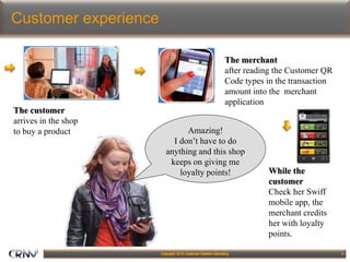 11
Customer experience
The customer
arrives in the shop
to buy a product Transaction
details
The merchant
after reading the Customer QR
Code types in the transaction
amount into the merchant
application
While the
customer
Check her Swiff
mobile app, the
merchant credits
her with loyalty
points.
Amazing!
I don’t have to do
anything and this shop
keeps on giving me
loyalty points!
 