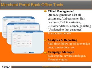 13
Merchant Portal Back-Office Tools
Analytics & Reporting
Real-time follow-up of conversion
rates, transactions, etc
Client Management
QR code generator, List all
customers, Add customer, Edit
customer, Delete customer,
Customer details, Campaign listing
( Assigned to that customer)
Transaction details
Campaign Manager
Rule engine, reward catalogue,
Message engine,
 