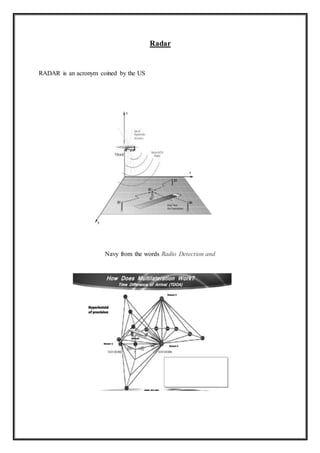 Radar
RADAR is an acronym coined by the US
Navy from the words Radio Detection and
 