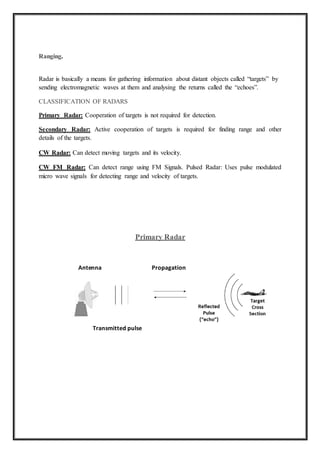 Ranging.
Radar is basically a means for gathering information about distant objects called “targets” by
sending electromagnetic waves at them and analysing the returns called the “echoes”.
CLASSIFICATION OF RADARS
Primary Radar: Cooperation of targets is not required for detection.
Secondary Radar: Active cooperation of targets is required for finding range and other
details of the targets.
CW Radar: Can detect moving targets and its velocity.
CW FM Radar: Can detect range using FM Signals. Pulsed Radar: Uses pulse modulated
micro wave signals for detecting range and velocity of targets.
Primary Radar
Antenna Propagation
Transmitted pulse
 