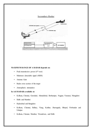 Secondary Radar
MAXIMUM RANGE OF A RADAR depends on:
• Peak transmission power (4th root)
• Minimum detectable signal (MDS)
• Antenna Gain
• Radar cross section of the target
• Atmospheric attenuation
In AAI RADARs available at:
• Kolkata, Chennai, Guwahati, Ahmedabad, Berhampur, Nagpur, Varanasi, Mangalore
• Delhi and Mumbai
• Hyderabad and Bangalore
• Kolkata, Chennai, Bellary, Vizag, Katihar, Jharsuguda, Bhopal, Porbandar and
Udaipur
• Kolkata, Chennai, Mumbai, Trivandrum, and Delhi
 