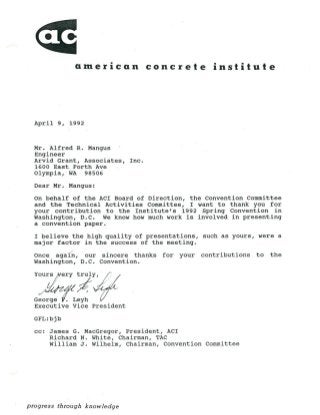 Alfred Mangus - Safe Falsework - ACI American Concrete Institute 03-18-1992 + 04-09-1992 AGA Arvid Grant Associates LinkedIn