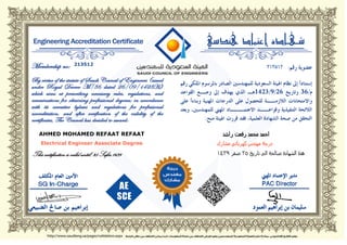 This certification is valid until: 25 Safar 1439
213512
AHMED MOHAMED REFAAT REFAAT
Electrical Engineer Associate Degree
 