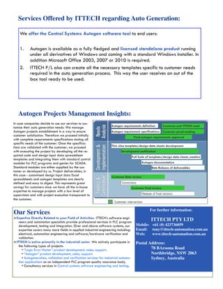 Our Services
Expertise Directly Related to your Field of Activities. ITTECH’s software engi-
neers and automation specialists provide professional services in PLC program
development, testing and integration. Over and above software systems, our
expertise covers many more fields in applied industrial engineering including:
electrical, automation engineering and software/hardware verification and
validation.
ITTECH is active primarily in the industrial sector. We actively participate in
the following types of projects:
• “Logic Error Hunter” product development, sales, support.
• “Autogen” product development, sales, support.
• Autogeneration, validation and verification services for industrial automa-
tion applications as an independent PLC program quality assurance body.
• Consultancy services in Control systems software engineering and testing.
Services Offered by ITTECH regarding Auto Generation:
We offer the Control Systems Autogen software tool to end users:
1. Autogen is available as a fully fledged and licensed standalone product running
under all derivatives of Windows and coming with a standard Windows Installer. In
addition Microsoft Office 2003, 2007 or 2010 is required.
2. ITTECH P/L also can create all the necessary templates specific to customer needs
required in the auto generation process. This way the user receives an out of the
box tool ready to be used.
For further information:
ITTECH PTY LTD
Mobile: +61 (0) 423736059
Email: tony@ittech-automation.com.au
Web: www.ittech-automation.com.au
Postal Address:
78 BAroona Road
Northbridge, NSW 2063
Sydney, Australia
Autogen Projects Management Insights:
In case companies decide to use our services to cus-
tomise their auto generation needs: We manage
Autogen projects establishment in a way to ensure
customer satisfaction. Therefore we proceed initially
with complete requirements specifications stating all
specific needs of the customer. Once the specifica-
tions are validated with the customer, we proceed
with executing the project by developing all the re-
quired code and design input data spreadsheet
templates and integrating them with standard control
modules for PLC programs and genies for SCADA.
Standard modules are either supplied by the cus-
tomer or developed by us. Project deliverables, in
this case - customised design input data Excel
spreadsheets and autogen templates are clearly
defined and easy to digest. This represents great
savings for customers since we have all the in-house
expertise to manage projects with a low level of
supervision and with project execution transparent to
the customer.
Customer and ITTECH meet
Autogen requirement specifications
Autogen requirements definition
Customer proof-reading
Final autogen requirements approval
Customer Beta review
Customer final review
Thin slice templates/design data sheets development
Development certification
Full Suite of templates/design data sheets creation
Autogen documentation
Beta Release of deliverables
 