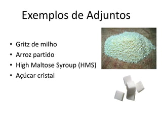 Exemplos de Adjuntos

•   Gritz de milho
•   Arroz partido
•   High Maltose Syroup (HMS)
•   Açúcar cristal
 