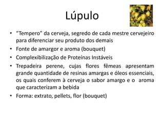 Lúpulo
• “Tempero” da cerveja, segredo de cada mestre cervejeiro
  para diferenciar seu produto dos demais
• Fonte de amargor e aroma (bouquet)
• Complexibilização de Proteínas Instáveis
• Trepadeira perene, cujas flores fêmeas apresentam
  grande quantidade de resinas amargas e óleos essenciais,
  os quais conferem à cerveja o sabor amargo e o aroma
  que caracterizam a bebida
• Forma: extrato, pellets, flor (bouquet)
 
