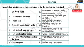 Reading Skills
7© Aptech Training Ltd. FZE
Exercise
Match the beginning of the sentence with the ending on the right.
1. My work place a.
of success. I have just been
promoted again.
2. The world of business b.
is very friendly. Everyone gets
on well.
3. I work hard c. like working with others.
4. At work I work closely with d.
every day and often do
overtime.
5. I will embark on a career e.
of his career. There is no
position higher.
6. I am climbing the ladder f. where I will earn a lot of money.
7.
The Prime Minister has reached
the peak
g.
the HR team. We talk every
day.
8. Team-players h. is often very competitive.For Aptech Centre Use Only
 