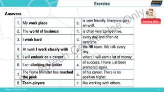 Reading Skills
8© Aptech Training Ltd. FZE
Exercise
Answers
1. My work place b.
is very friendly. Everyone gets
on well.
2. The world of business h. is often very competitive.
3. I work hard d.
every day and often do
overtime.
4. At work I work closely with g.
the HR team. We talk every
day.
5. I will embark on a career f. where I will earn a lot of money.
6. I am climbing the ladder a.
of success. I have just been
promoted again.
7.
The Prime Minister has reached
the peak
e.
of his career. There is no
position higher.
8. Team-players c. like working with others.For Aptech Centre Use Only
 