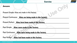 Answers
Present Simple: Kites are made in this factory.
Present Continuous: _____________________________________________________
Present Perfect: ________________________________________________________
Past Simple: ___________________________________________________________
Past Continuous: ________________________________________________________
Past Perfect: ___________________________________________________________
13© Aptech Training Ltd. FZE
Exercise
Kites are being made in this factory.
Kites have been made in this factory.
Kites were made in this factory.
Kites were being made in this factory.
Kites had been made in this factory.
For Aptech Centre Use Only
 