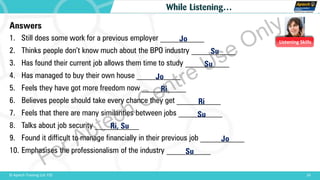 Listening Skills
Answers
1. Still does some work for a previous employer ___________
2. Thinks people don’t know much about the BPO industry ___________
3. Has found their current job allows them time to study ___________
4. Has managed to buy their own house ___________
5. Feels they have got more freedom now ___________
6. Believes people should take every chance they get ___________
7. Feels that there are many similarities between jobs ___________
8. Talks about job security ___________
9. Found it difficult to manage financially in their previous job ___________
10. Emphasises the professionalism of the industry ___________
24© Aptech Training Ltd. FZE
While Listening…
Jo
Jo
Jo
Su
Su
Su
Su
Ri, Su
Ri
Ri
For Aptech Centre Use Only
 