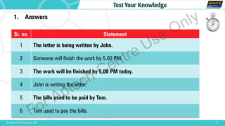27© Aptech Training Ltd. FZE
Test Your Knowledge
1. Answers
Sr. no. Statement
1 The letter is being written by John.
2 Someone will finish the work by 5.00 PM.
3 The work will be finished by 5.00 PM today.
4 John is writing the letter.
5 The bills used to be paid by Tom.
6 Tom used to pay the bills.
For Aptech Centre Use Only
 