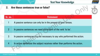 28© Aptech Training Ltd. FZE
Test Your Knowledge
2. Are these sentences true or false?
Sr. no. Statement
1 A passive sentence can only be in the present or past tenses.
2 In passive sentences we need some form of the verb ‘to be’.
3 In passive sentences it is not necessary to say who performed the action.
4 In active sentences the subject receives rather than performs the action.
For Aptech Centre Use Only
 