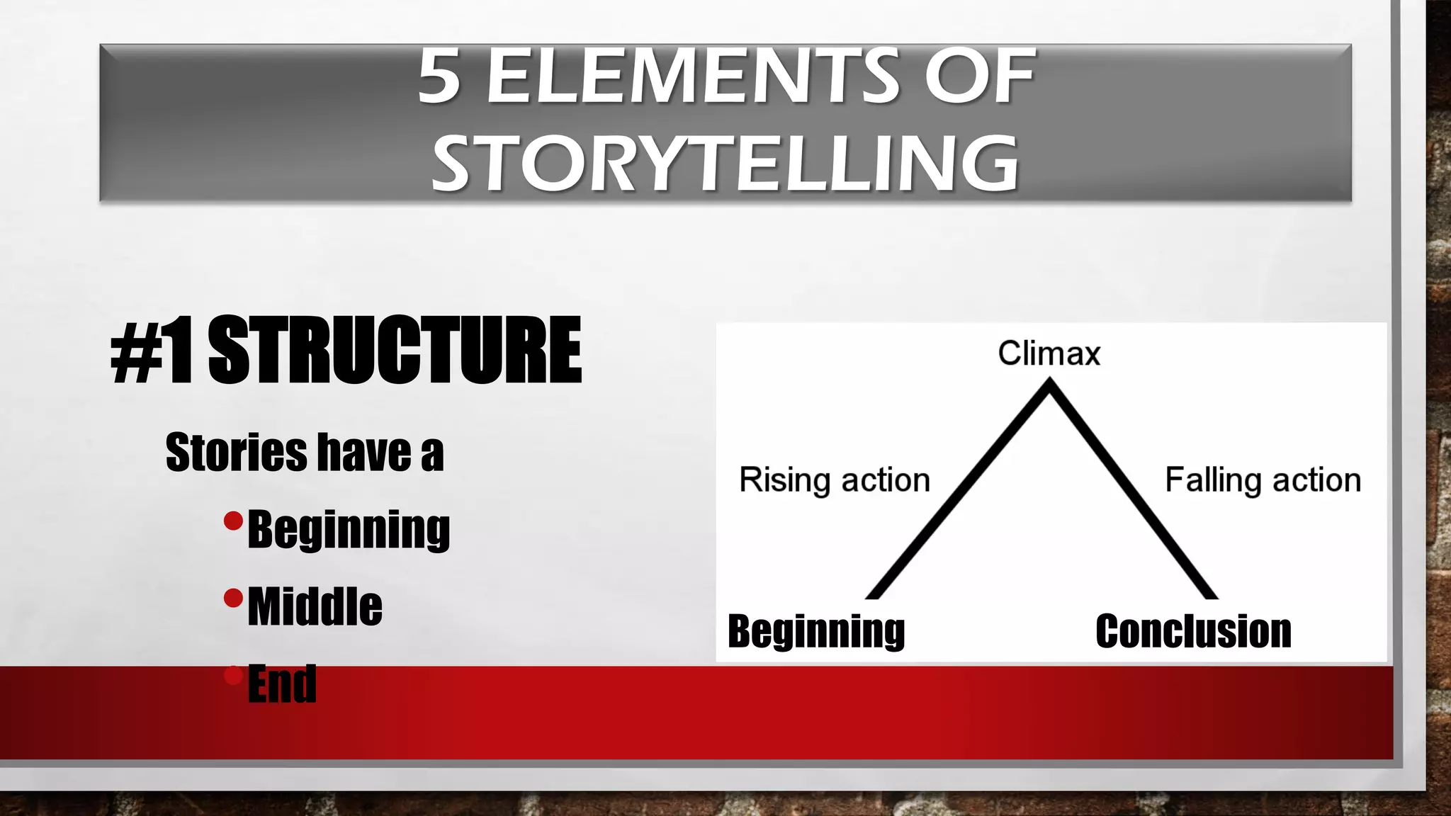 5 ELEMENTS OF
STORYTELLING
#1 STRUCTURE
Stories have a
•Beginning
•Middle
•End
Beginning Conclusion
 