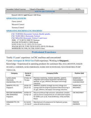 Secondary School Leaving
Certificate
Board of Secondary
Education. Tamilnadu
1997 65.4%
MasterCAM-X3 and Mazak CAM Ware.
OPERATING SYSTEMS
Fanuc control
Mazatrol Control
Siemens Control.
OPERATING MACHINES CNC MACHINES
CNC TURNING Horizontal, Vertical, Double spindle,
CNC TURN MILL Horizontal, Vertical
CNC MILLING Horizontal, Vertical 3 and 4 axes
DMG C7 X BETA 2000 TC-Siemens
MAZAK INTEGREX I 200S-Mazak
MORI SEIKI NL301 MSX-850 III-Fanuc
MAZAK QUICK TURU NEXUS QTN 450 II,350-Mazak
MORISEIKI NL3500, NL2500, SL603-Fanuc
Totally 13 years’ experience in CNC machines and conventional
9 years Aerospace & Oil & Gas Field experience. Working in Singapore.
Knowledge / Experienced in operating products for customers like, HALLIBURTON, BAKER
HUGHES, CAMERON, SCHLUMBERGER, HAMILTON SUNSTRAND, WEATHERFORD, PUMP
TOOLS-UK,
Company Period of
Service
Company Profile Position Held
SUPER UNION
PRECISION
ENGINEERING PTE LTD
07-Mar-16
Till date
Precision machining, modular assembly, systems
integration and contract equipment manufacturing
services. oil, gas, offshore, Aerospace and energy
industries.
SENIOR CNC
PROGRAMMER
CUM MACHINIST
SMARTEC PTE LTD.
Singapore
20-Apr-10
29-Jan-16
SMARTEC establish strategic business linkage and
synergy with the Original Equipment Manufacturing in
oil, gas, offshore, Aerospace and energy industries.
SENIOR CNC
MACHINIST
RAYCOM ENGINEERING
AND AEROSPACE.
Singapore
30-Mar-07
01-Apr-10
Raycom produces high precision, specialized, complex
special process components for aircraft/rocket engines
for OEMs such as GE, Pratt & Whitney, UTAS and Rolls
Royce
CNC MACHINIST
SONARAM PTE LTD.
India
01-Feb-05
-21-Feb-07
Manufacturer of components for Hydraulic pumps,
valves & textile products.
PROCESS
ENGINEER.
SOFTWARE EXPOSURE
Professional Experience
 