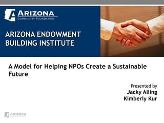 A Model for Helping NPOs Create a Sustainable 
Future 
Presented by 
Jacky Alling 
Kimberly Kur 
ARIZONA ENDOWMENT 
BUILDING INSTITUTE 
 