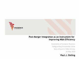 Post-Merger Integration as an Instrument for
Improving M&A Efficiency
Paul J. Ostling
Association of European Business
Safeguarding Shareholder Value
Role of Board in M&A Activity
26 May 2010
 