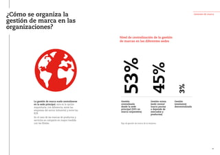¿Cómo se organiza la
gestión de marca en las
organizaciones?
La gestión de marca suele centralizarse
en la sede principal, esta es la opción
mayoritaria, con diferencia, entre las
empresas del sector Industrial y entre las
B2B.
En el caso de las marcas de productos y
servicios se comparte en mayor medida
con las filiales.
Nivel de centralización de la gestión
de marcas en las diferentes sedes
53%
Gestión
centralizada
desde la sede
principal (59% en
marca corporativa)
45%
Gestión mixta
(sede central
marca pautas
o depende de
mercados y
productos)
3%
Gestión
totalmente
descentralizada
Tipo de gestión de marca de la empresa
Gestores de marca
20
 